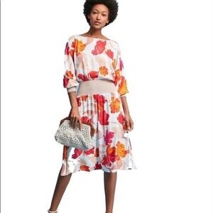 Maeve Anthropologie Floral Midi Dress Smocked Waist Red‎ Orange L